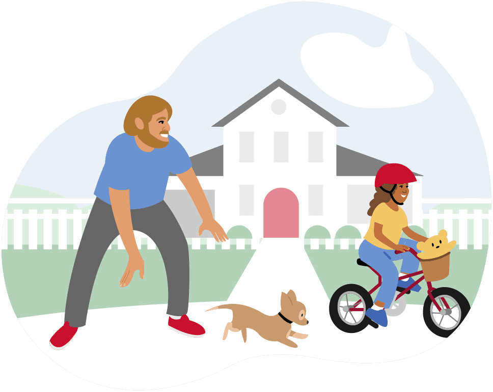 Child on a bike with man and dog behind